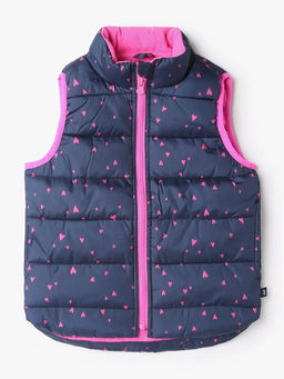 GAP - Navy Blue Girl's High-Neck Heart Print Puffer Jacket