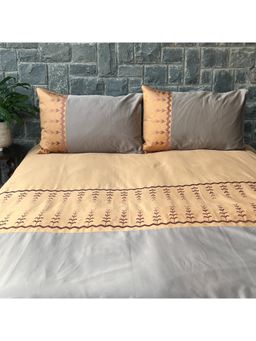 Sadyaska - Honey Mustard And Mocha Aero Embroidered Cotton Bedsheet (King)