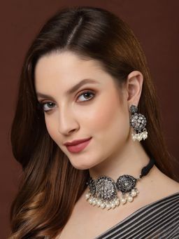 PANASH - Silver-Toned White Stone Studded Choker Jewellery Set (Set of 2)