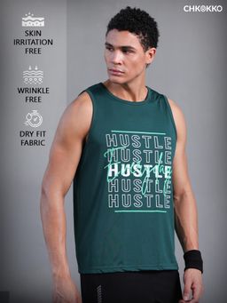 CHKOKKO - Men's Bottle Green Sleeveless Dry Fit Graphic Tank