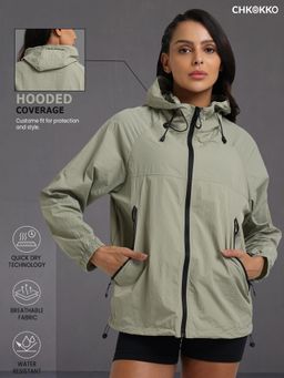 CHKOKKO - Green Women Activewear Full Zip Windcheater Jacket