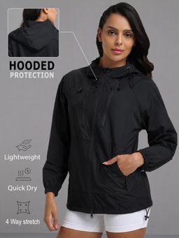 CHKOKKO - Black Women Sporty Hooded Windcheater Jacket