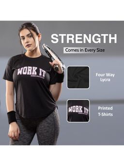 CHKOKKO - Womens Round Neck Typography Apple Cut T Shirt Breathable Black