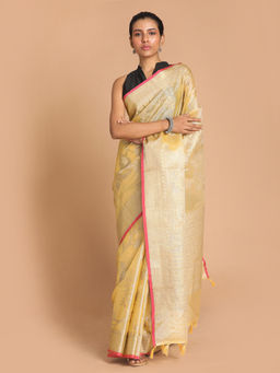 Indethnic - Banarasi Yellow Woven Design Party Wear Saree With Unstitched Blouse