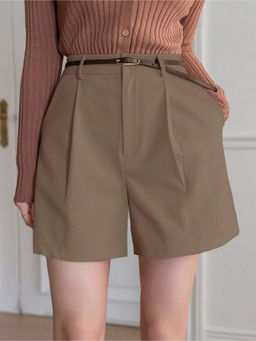Fnocks - Women Elegant High-Waisted Pleated Brown Shorts