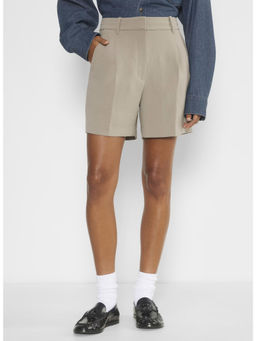 Fnocks - Women Elegant High-Waisted Pleated Beige Short