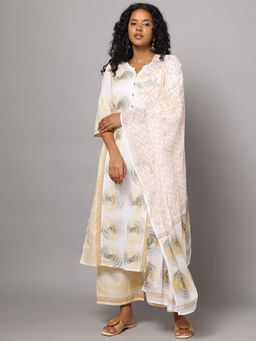 The Kapas - Beige & White Hand Block Print Kurta with Palazzo & Dupatta (Set of 3)