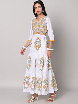 The Kapas - White & Yellow Flowery Tiered Maxi Dress