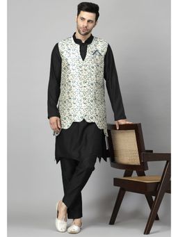 UTSAV FASHION - Men Regular Chanderi Cotton Black Kurta and Pant with Jacket
