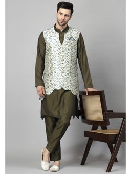 UTSAV FASHION - Men Regular Chanderi Cotton Olive Kurta and Pant With Jacket