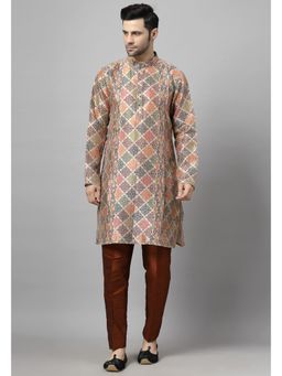 UTSAV FASHION - Men Printed Regular Raw Silk Multi-Color Kurta with Pant