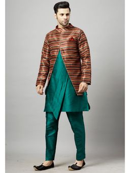 UTSAV FASHION - Men Angrakha Teal Kurta and Pant with Jacket