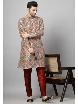 UTSAV FASHION - Men Printed Regular Thread Work Raw Silk Multi-Color Kurta with Pant