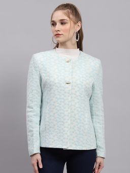 Monte Carlo - Women's Embroidered Blue Round Neck Full Sleeve Coat