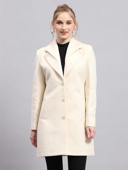 Monte Carlo - Women's Solid Cream Notched Lapel Neck Full Sleeve Coat