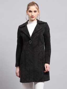 Monte Carlo - Women's Self Design Black Notched Lapel Neck Full Sleeve Coat