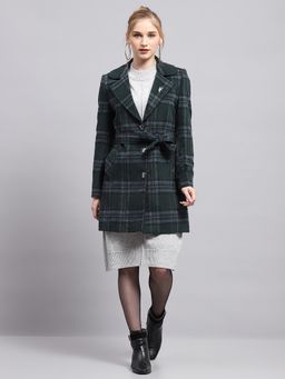 Monte Carlo - Women's Check Green Notched Lapel Neck Full Sleeve Coat with Belt (Set of 2)