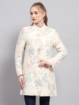 Monte Carlo - Women's Embroidered White Mandarin Neck Full Sleeve Coat