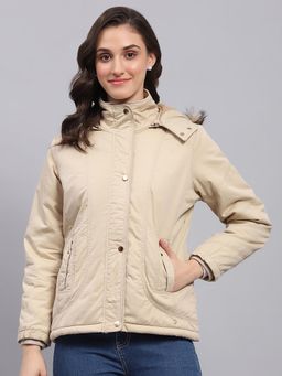 Monte Carlo - Women's Solid Beige Detachable Hood Full Sleeve Bomber Jacket