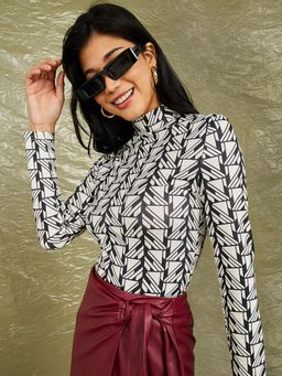 Styli - Black Long Sleeves High Neck Geo Print Fitted Knit Top