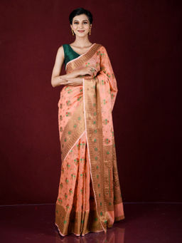 EXCLUSIVA - Peach Zari Woven Work Banarasi Saree with Unstitched Blouse