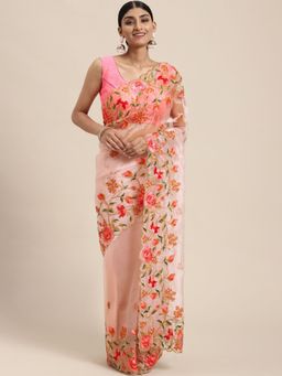 Vastranand - Pink & Green Floral Embroidered Organza Saree with Unstitched Blouse