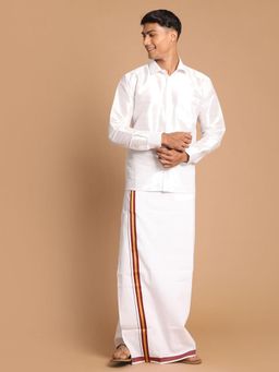 Vastramay - Mens White Silk Blend Shirt with Mundu (Set of 2)