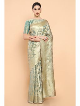 Soch - Women Turquoise Silk Handloom Saree with Unstitched Blouse