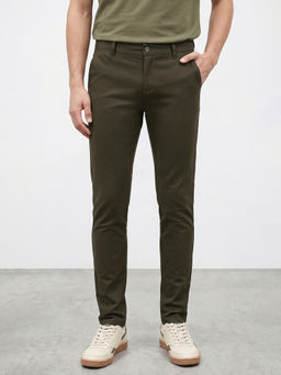 R&B - Men's Olive Cotton Skinny Fit Solid Casual Trouser