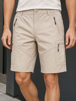 Nobero - Men's Beige Cotton Blend Loose Fit Solid Shorts
