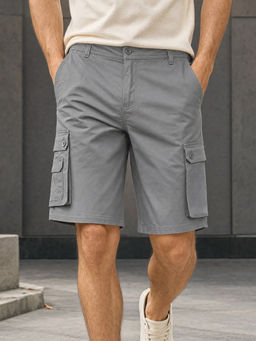 Nobero - Men's Grey Cotton Blend Loose Fit Solid Shorts
