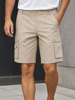 Nobero - Men's Beige Cotton Blend Loose Fit Solid Shorts