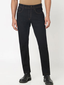 R&B - Men's Black Polyester Blend Slim Fit Solid Jeans