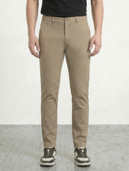 R&B - Men's Beige Cotton Blend Slim Fit Solid Casual Trouser