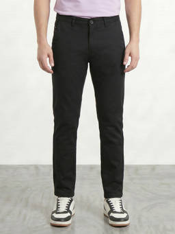 R&B - Men's Black Cotton Blend Slim Fit Solid Casual Trouser