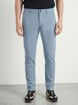 R&B - Men's Blue Cotton Blend Slim Fit Solid Casual Trouser