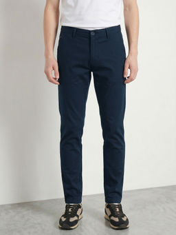 R&B - Men's Navy Blue Cotton Blend Slim Fit Solid Casual Trouser