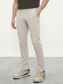 R&B - Men's Off White Cotton Blend Slim Fit Solid Casual Trouser