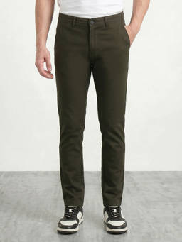 R&B - Men's Olive Cotton Blend Slim Fit Solid Casual Trouser