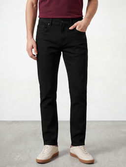 R&B - Men's Black Cotton Straight Fit Solid Jeans