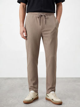 R&B - Men's Beige Polyester Regular Fit Textured Casual Trouser