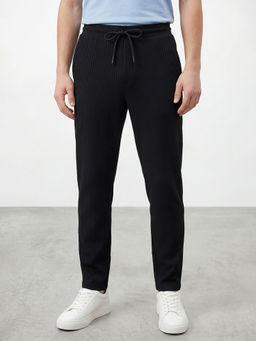 R&B - Men's Black Polyester Regular Fit Textured Casual Trouser