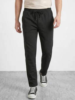 R&B - Men's Black Cotton Blend Regular Fit Solid Casual Trouser