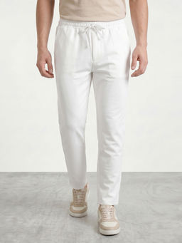 R&B - Men's Off White Cotton Blend Regular Fit Solid Casual Trouser