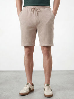 R&B - Men's Beige Cotton Blend Regular Fit Self Design Shorts