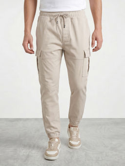 R&B - Men's Beige Cotton Blend Relaxed Fit Solid Casual Trouser
