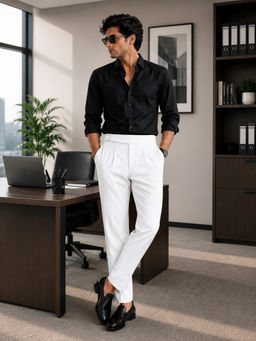 KOTTY - Men's White Polyester Regular Fit Solid Casual Trouser