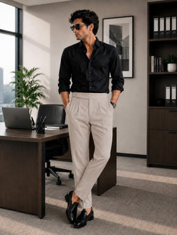KOTTY - Men's Beige Polyester Regular Fit Solid Casual Trouser