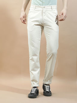 Cantabil - Men's Beige Linen Blend Regular Fit Solid Casual Trouser