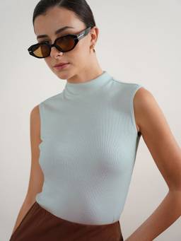 FABLE STREET - Blue Cotton Sleeveless Solid/Plain Top